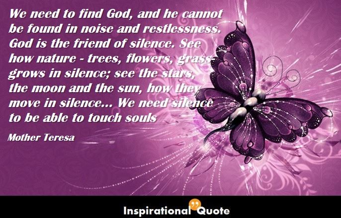 Mother Teresa – We need to find God, and he cannot be found in noise and restlessness. God is the friend of silence. See how nature – trees, flowers, grass- grows in silence; see the stars, the moon and the sun, how they move in silence… We need silence to be able to touch souls